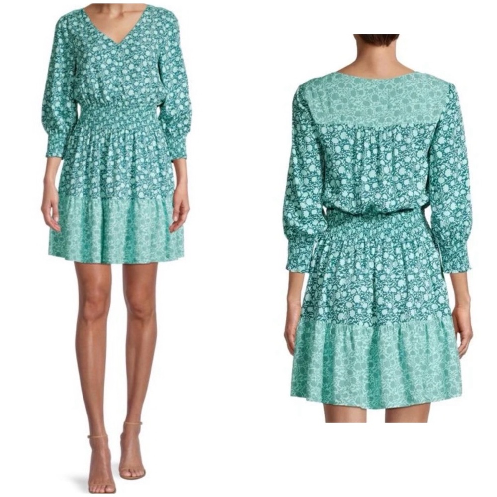 Vineyard Vines Floral 3/4 Sleeves Smocked Short Dress Size M Prairie Cottagecore